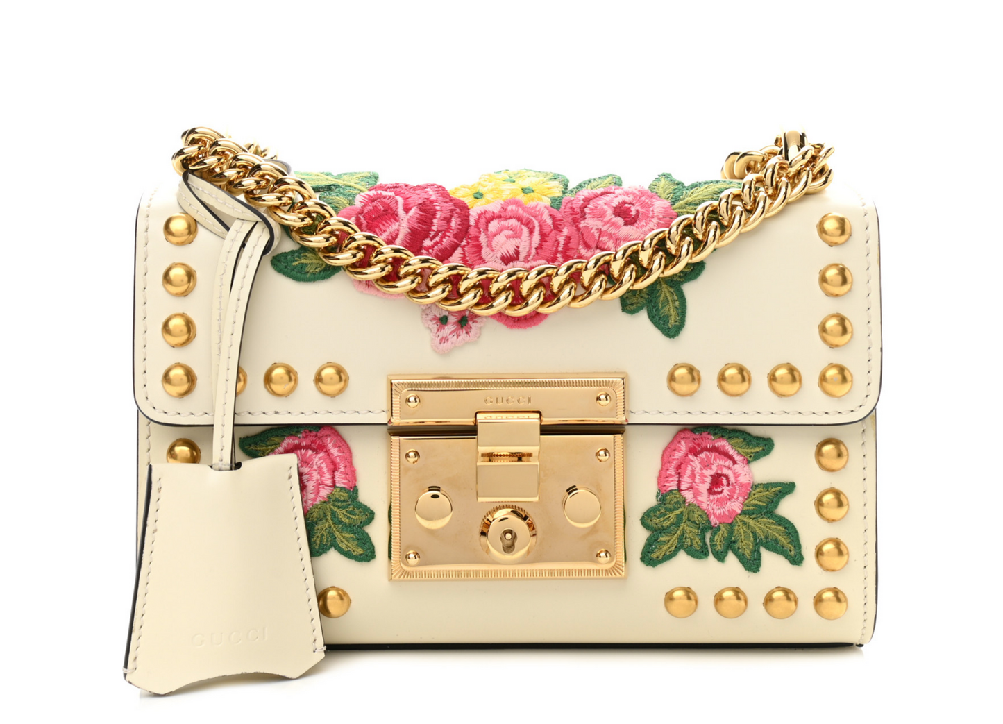 GUCCI CALFSKIN FLORAL EMBROIDERED SMALL PADLOCK SHOULDER BAG