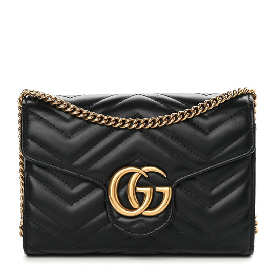 GUCCI GG MARMONT MATELASSE CALFSKIN MINI WALLET ON A CHAIN