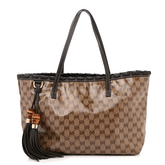 GUCCI GG CRYSTAL COATED CANVAS BAMBOO TASSAL TOTE