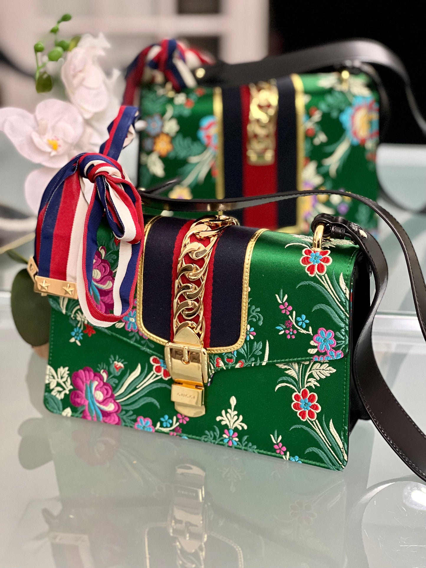 GUCCI GREEN FLORAL JACQUARD SMALL SYLVIE BAG-HS