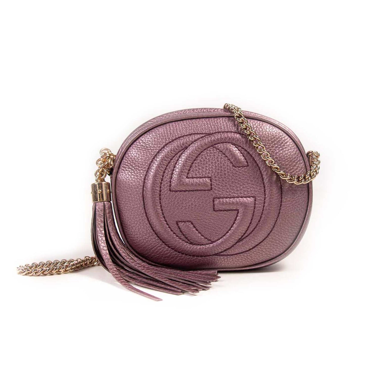 GUCCI METALLIC PEBBLED CALFSKIN MINI SOHO CHAIN BAG