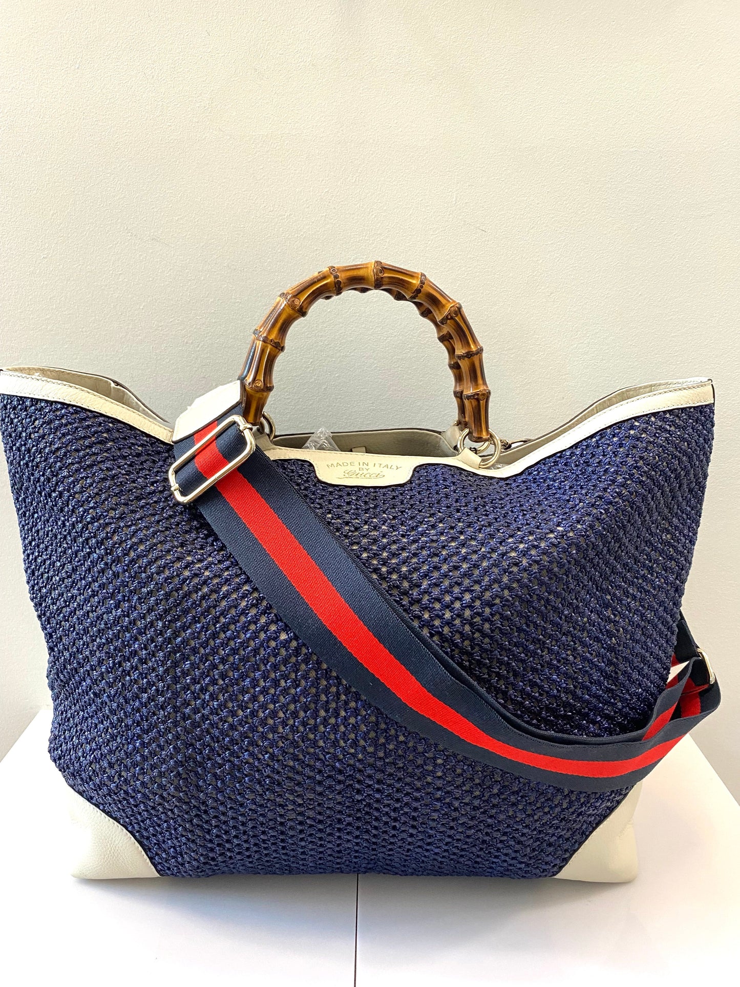 GUCCI VINTAGE WEB STRAP BAMBOO HANDLE TOTE BAG WITH SHOULDER STRAP