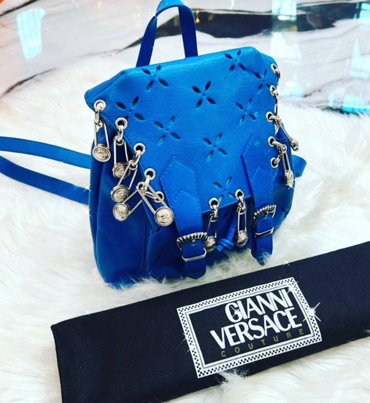 GIANNI VERSACE SAFETY PIN CUT OUT LEATHER MINI RUNWAY BACKPACK