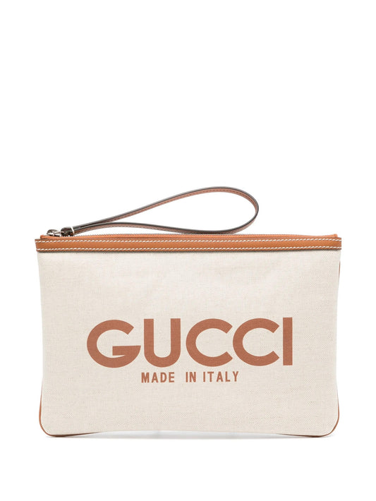 GUCCI LOGO PRINT CANVAS & LEATHER CLUTCH WRISTLET