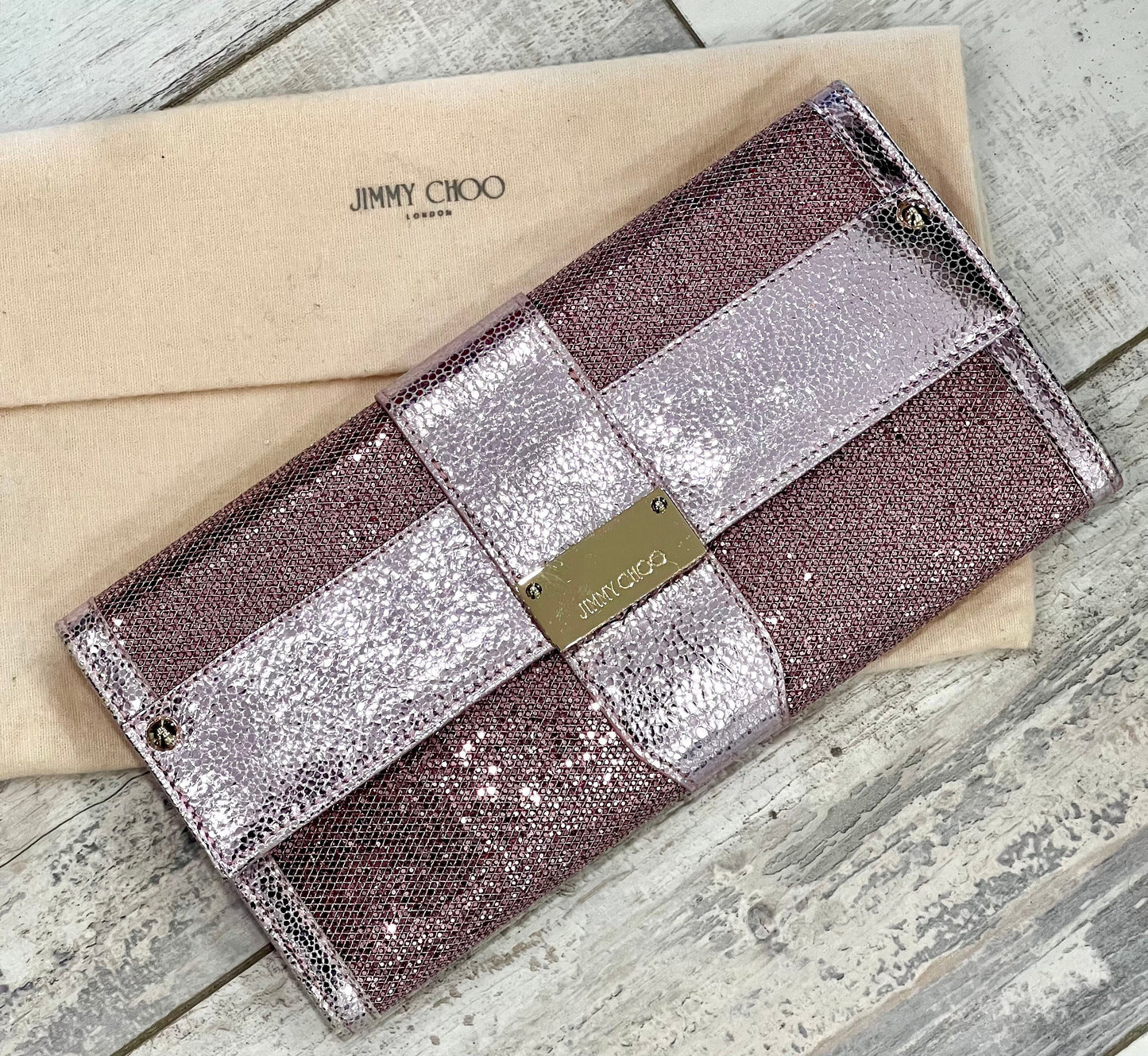 JIMMY CHOO METALLIC PINK LEATHER GLITTER UBAI CLUTCH BAG