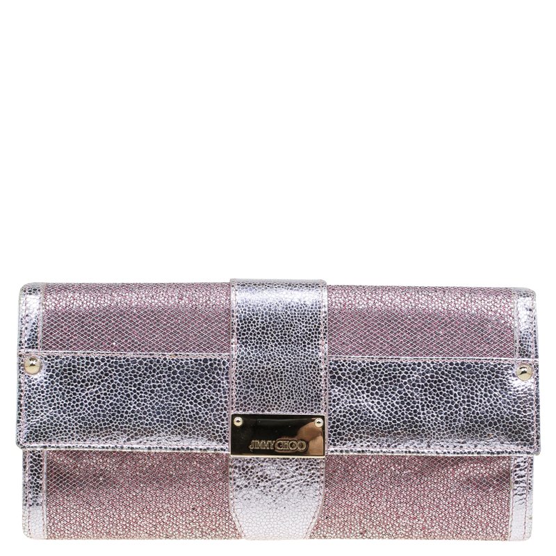 JIMMY CHOO METALLIC PINK LEATHER GLITTER UBAI CLUTCH BAG