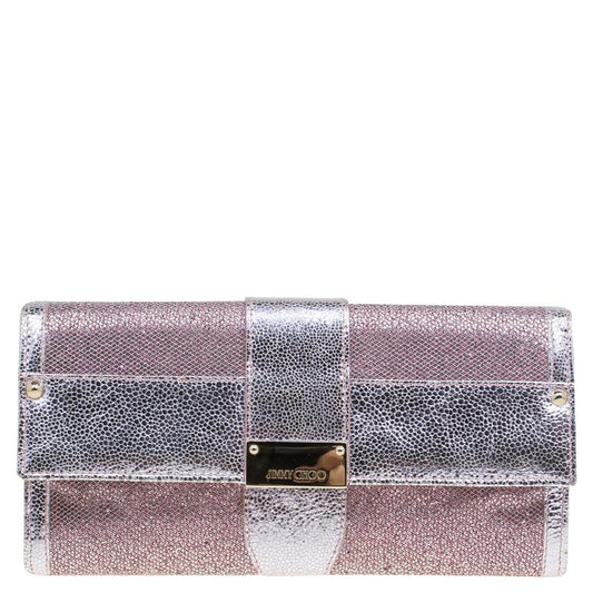 JIMMY CHOO METALLIC PINK LEATHER GLITTER UBAI CLUTCH BAG