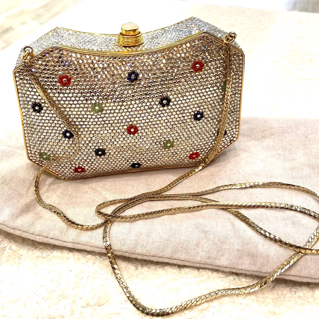 JUDITH LEIBER CRYSTAL GEMSTONE METALLIC CLUTCH BAG W SHOULDER CHAIN