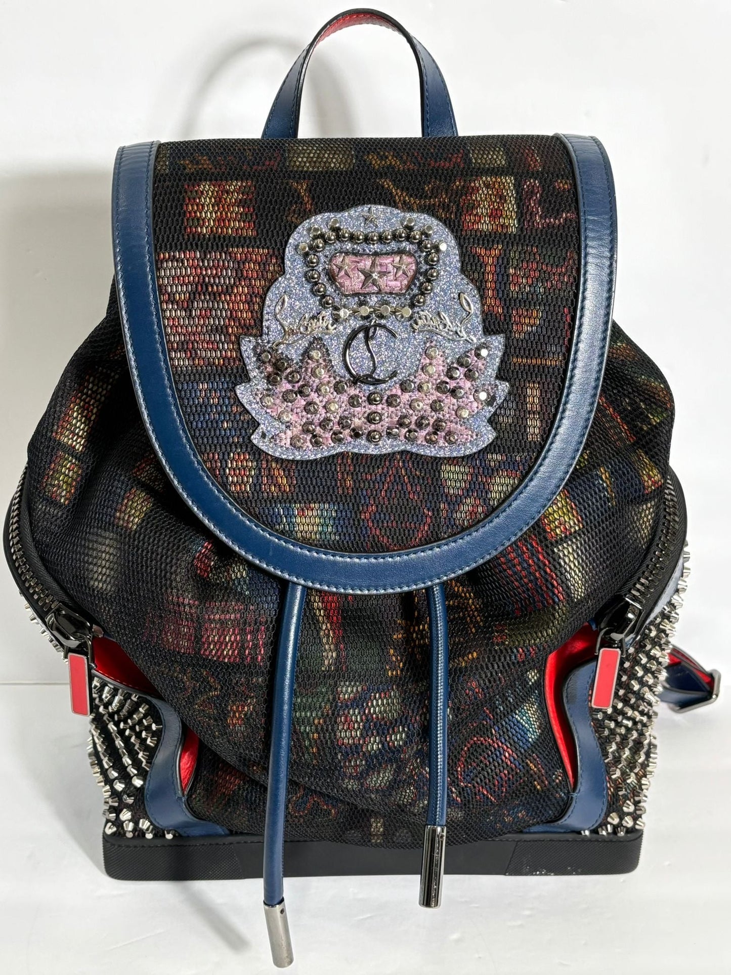 LOUBOUTIN EXPLORAFUNK STUDDED PRINTED MESH LEATHER TRIMMED BACKPACK