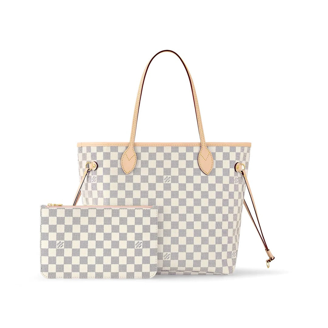 LOUIS VUITTON DAMIER AZUR NEVERFULL MM ROSE BALLERINE WITH POCHETTE