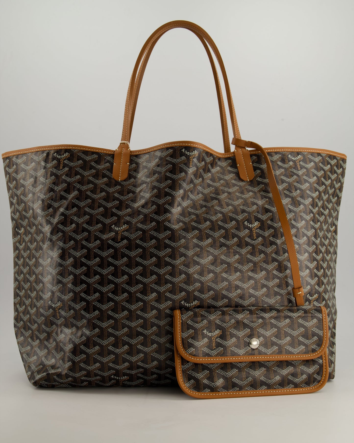 Goyard Saint Louis GM Black Shoulder Tote Bag in Goyardine Canvas and Brown Chevroches Calfskin Leather