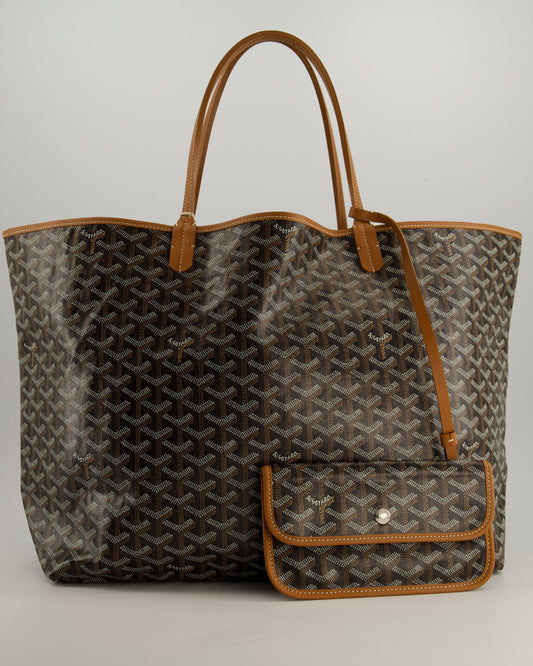 Goyard Saint Louis GM Black Shoulder Tote Bag in Goyardine Canvas and Brown Chevroches Calfskin Leather