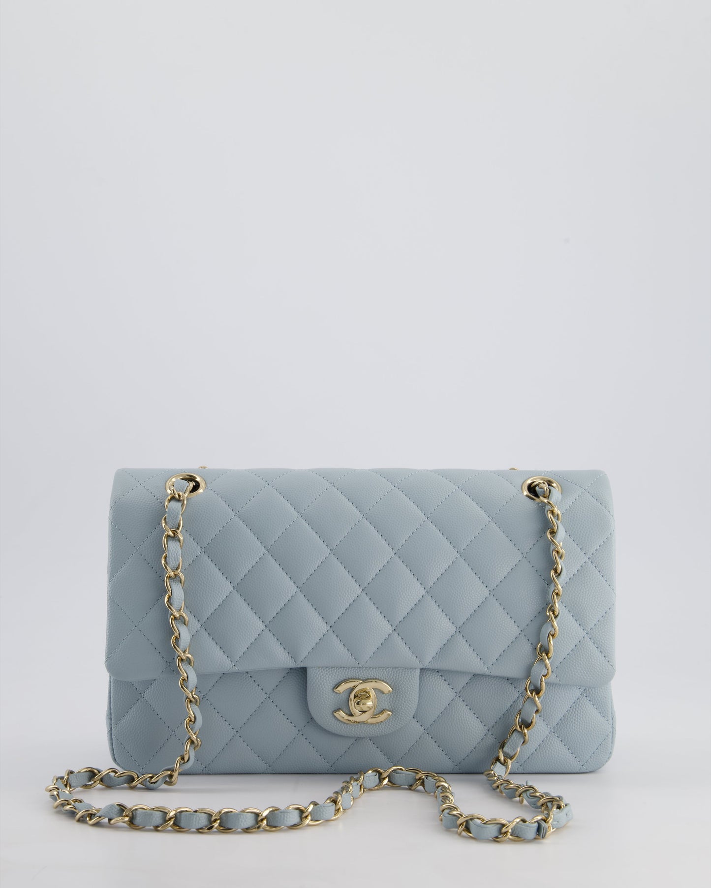 *HOT* Chanel Baby Blue Medium Classic Double Flap Bag in Caviar Leather with Champagne Gold Hardware