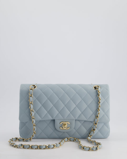 *HOT* Chanel Baby Blue Medium Classic Double Flap Bag in Caviar Leather with Champagne Gold Hardware