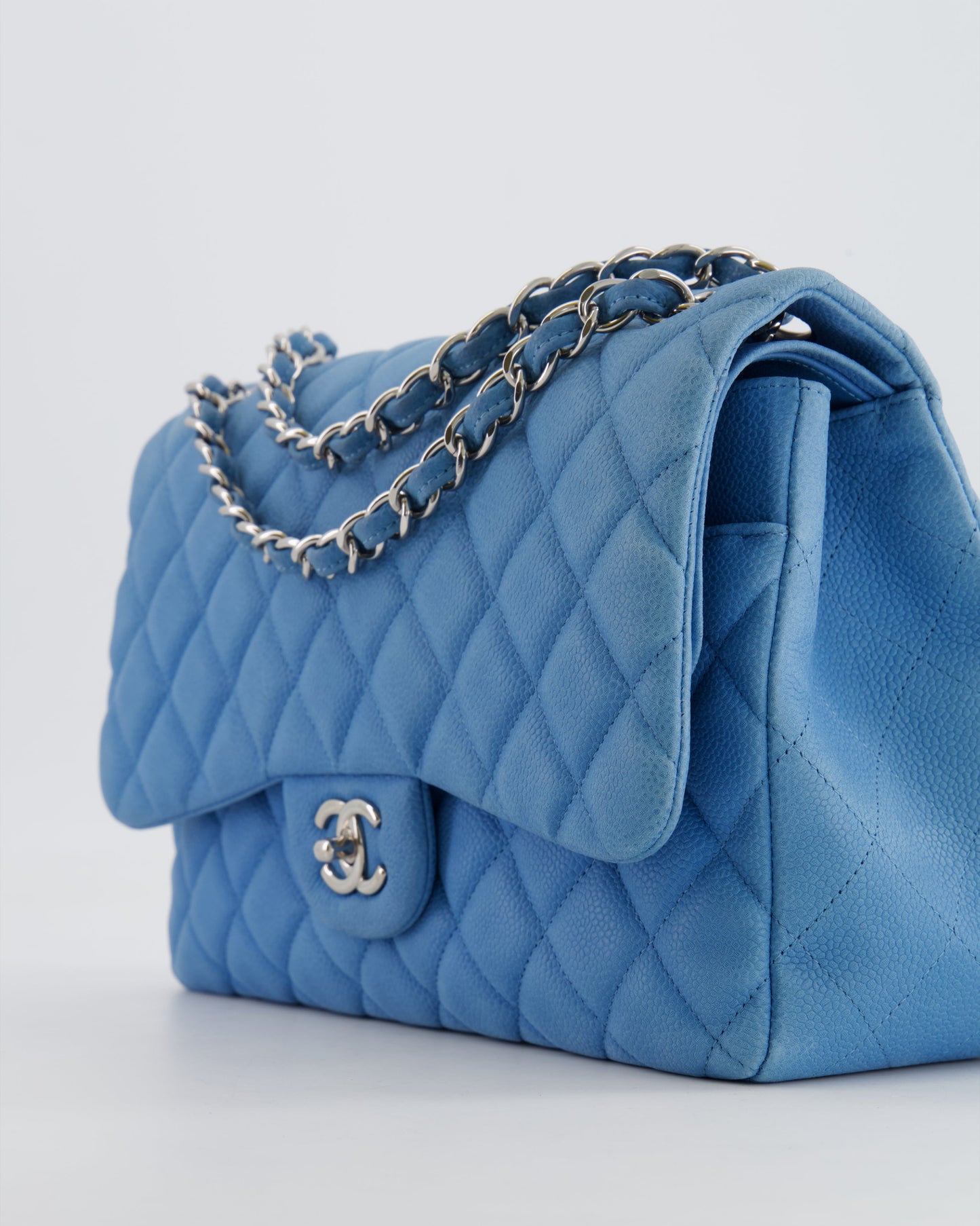*FIRE PRICE* Chanel Blue Jumbo Classic Double Flap Bag in Caviar Nubuck Leather with Silver Hardware&nbsp;