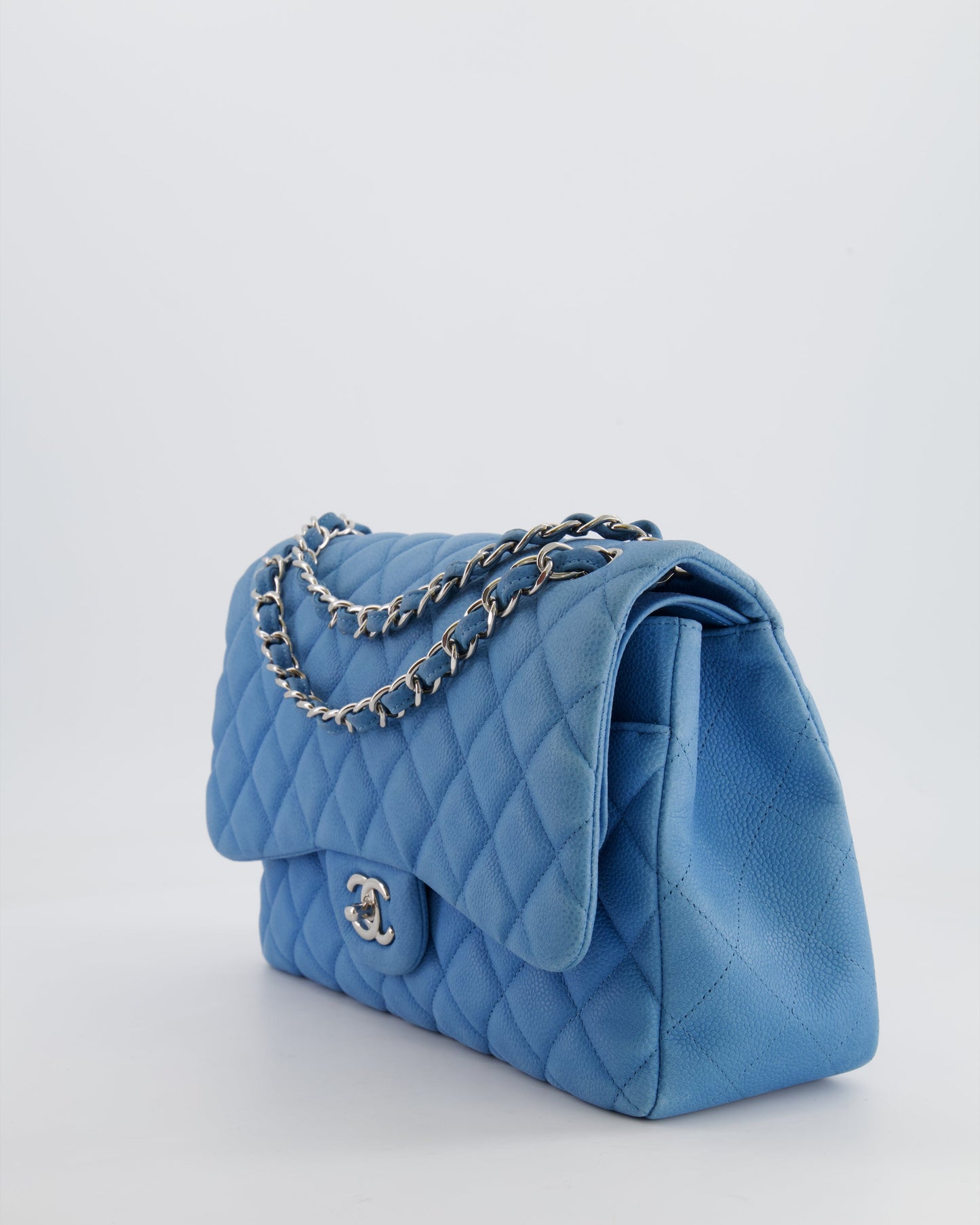 *FIRE PRICE* Chanel Blue Jumbo Classic Double Flap Bag in Caviar Nubuck Leather with Silver Hardware&nbsp;