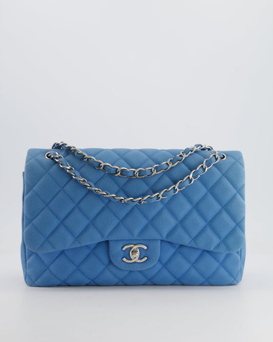 *FIRE PRICE* Chanel Blue Jumbo Classic Double Flap Bag in Caviar Nubuck Leather with Silver Hardware&nbsp;