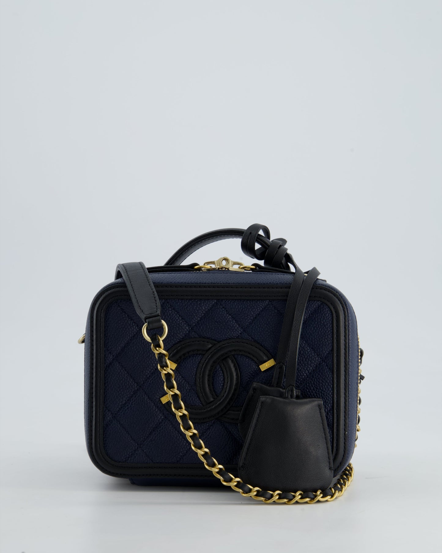 *HOT* Chanel Navy & Black Small Vanity Case Bag in Caviar Leather with Brushed Gold Hardware