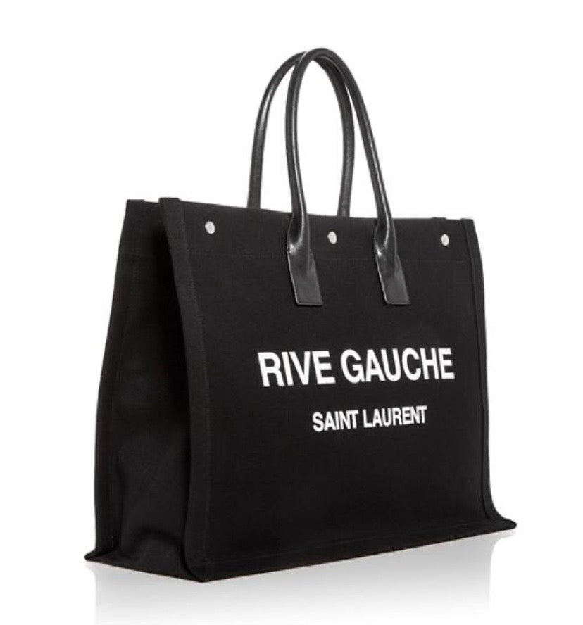 SAINT LAURENT RIVE GAUCHE LARGE CANVAS & CALFSKIN TOTE BAG