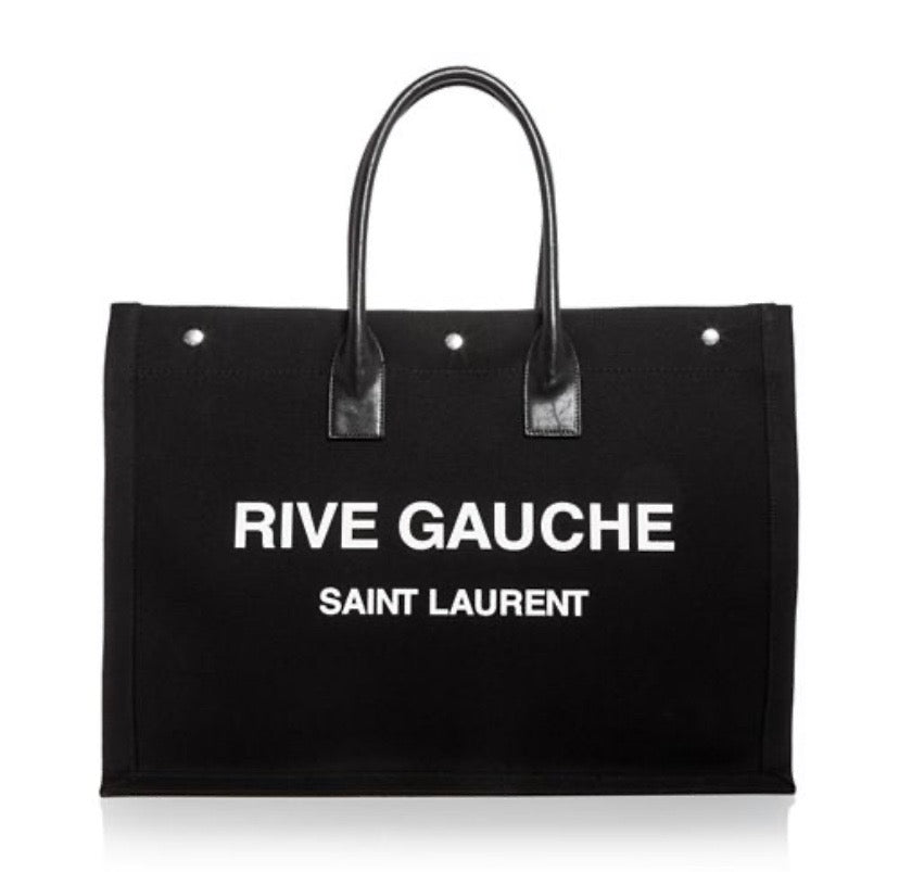 SAINT LAURENT RIVE GAUCHE LARGE CANVAS & CALFSKIN TOTE BAG