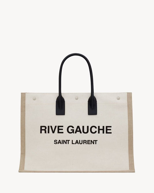 SAINT LAURENT RIVE GAUCHE LEATHER TRIMMED PRINTED CANVAS TOTE BAG
