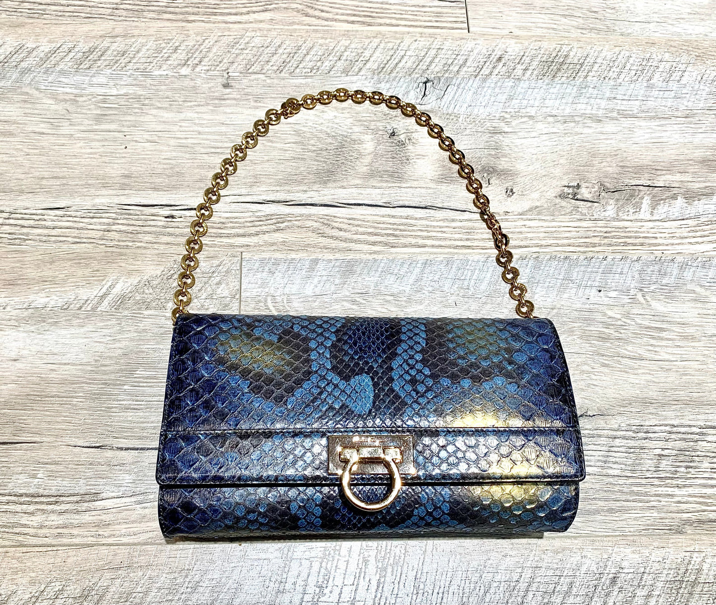 SALVATORE FERRAGAMO GANCINI BLUE PYTHON CLUTCH