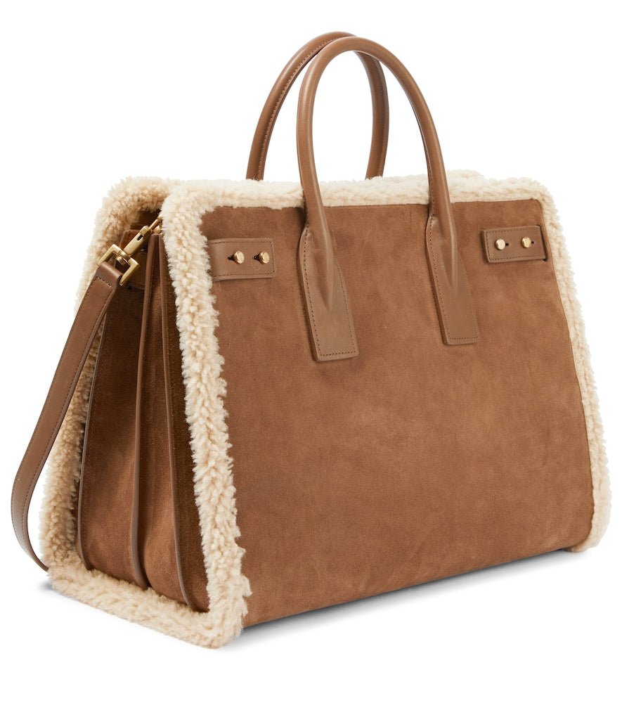 SAINT LAURENT SAC DE JOUR SHEARLING TRIM LEATHER TOTE BAG