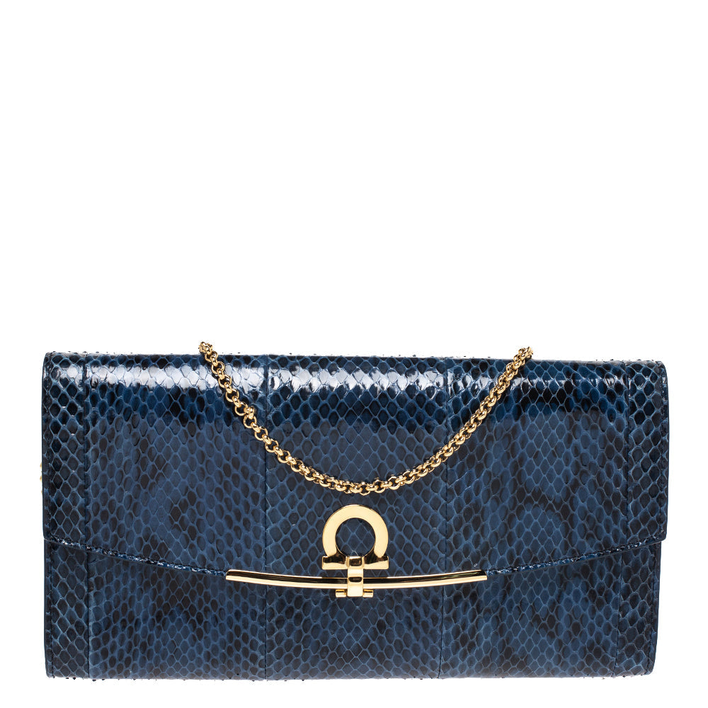 SALVATORE FERRAGAMO GANCINI BLUE PYTHON CLUTCH