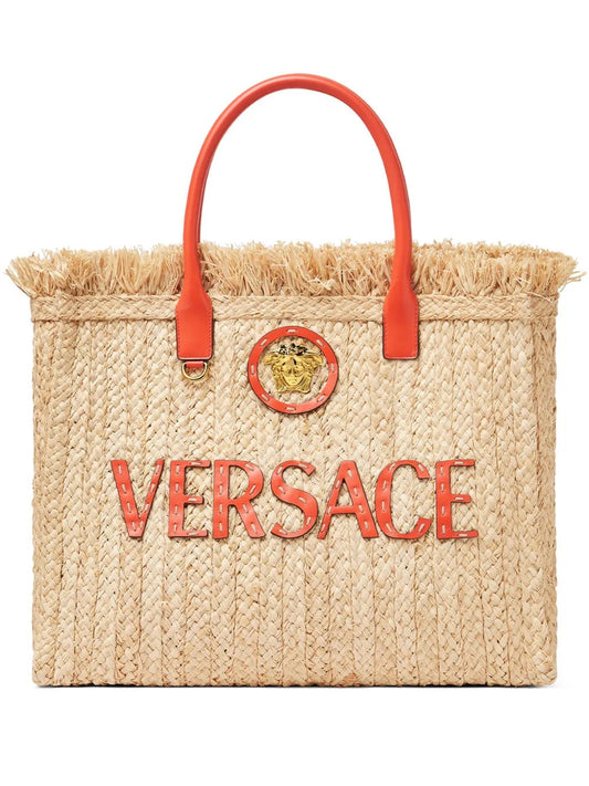 VERSACE APPLIQUED EMBELLISHED LEATHER TRIM RAFFIA TOTE BAG