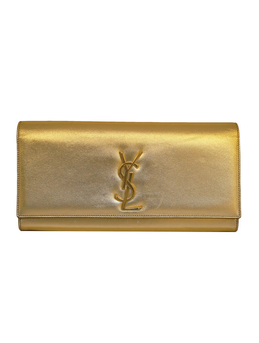 YSL BELLE DE JOUR CALFSKIN LEATHER METALLIC GOLD CLUTCH