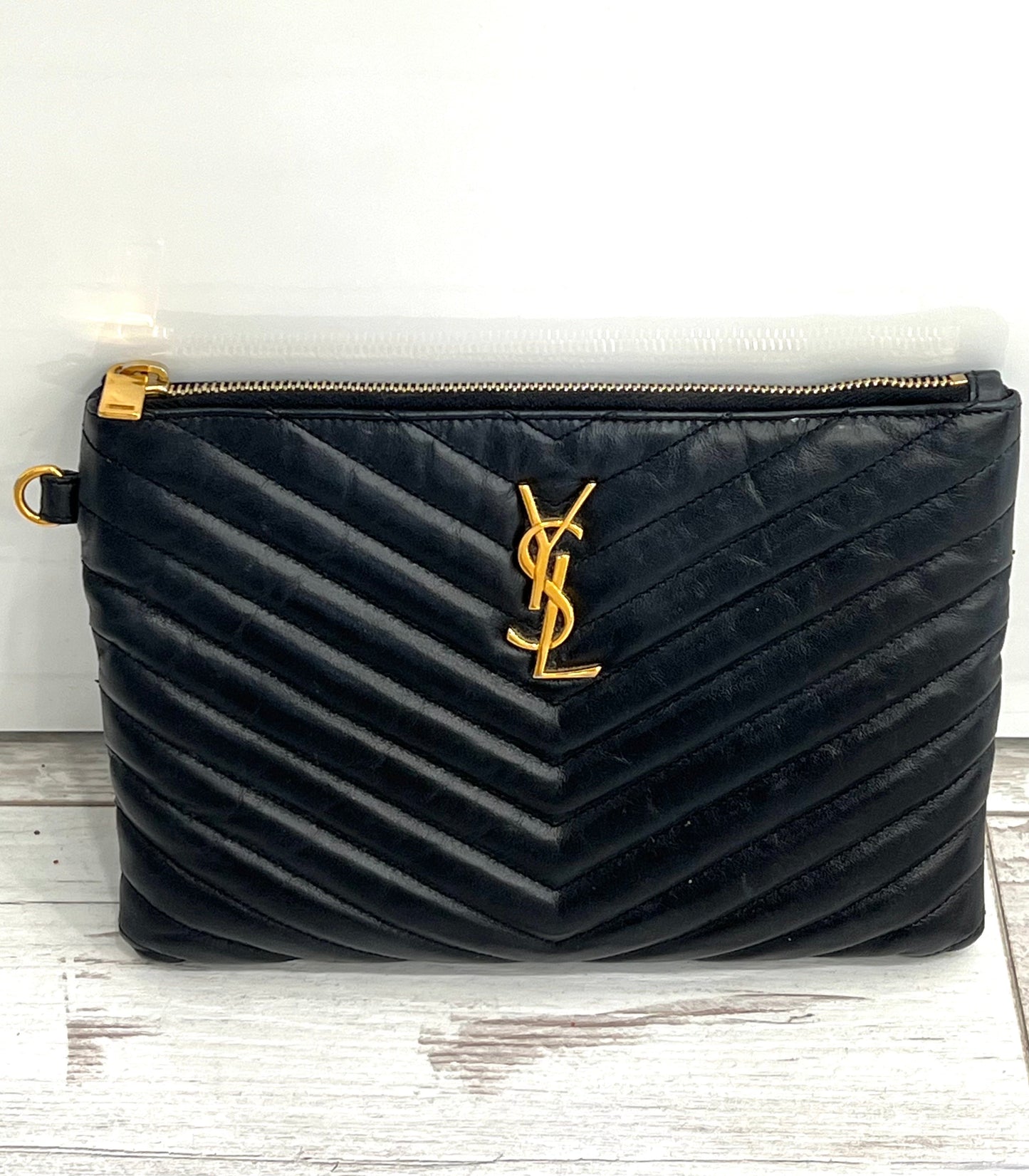 YSL CALFSKIN MATELASSE MONOGRAM CASSANDRE CLUTCH BAG