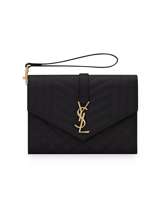 YSL ENVELOPE FLAP MIX MATELASSÉ GRAIN DE POUDRE EMBOSSED LEATHER CLUTCH BAG