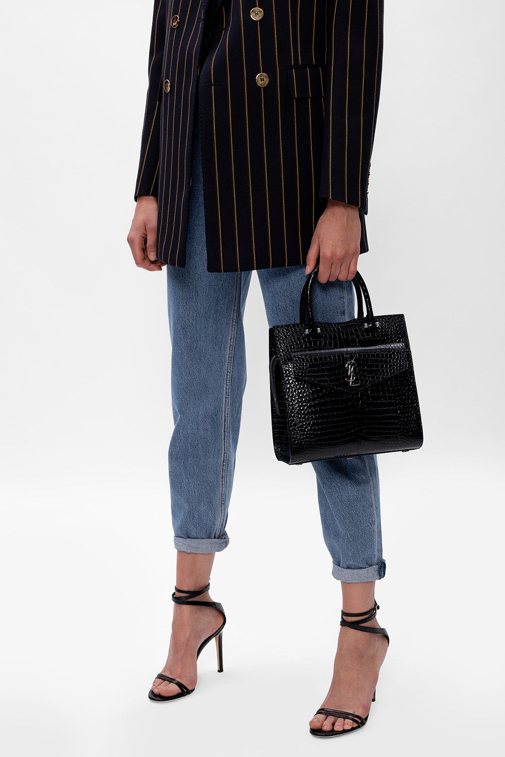 YSL SAINT LAURENT CROC CALFSKIN EMBOSSED MEDIUM UPTOWN TOTE