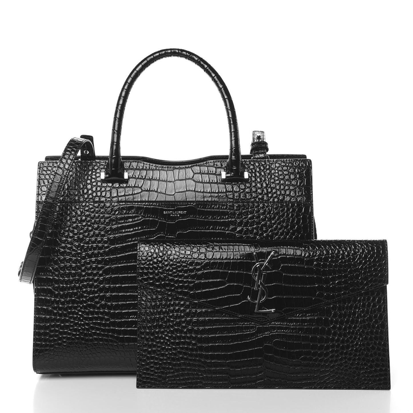 YSL SAINT LAURENT CROC CALFSKIN EMBOSSED MEDIUM UPTOWN TOTE
