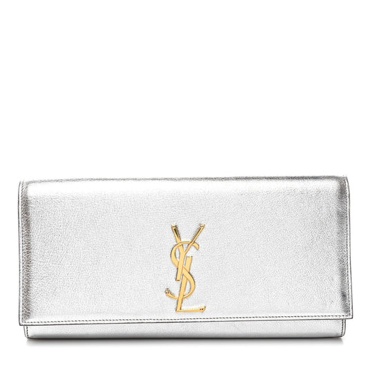 YSL METALLIC CALFSKIN LEATHER MONOGRAM CASSANDRE CLUTCH