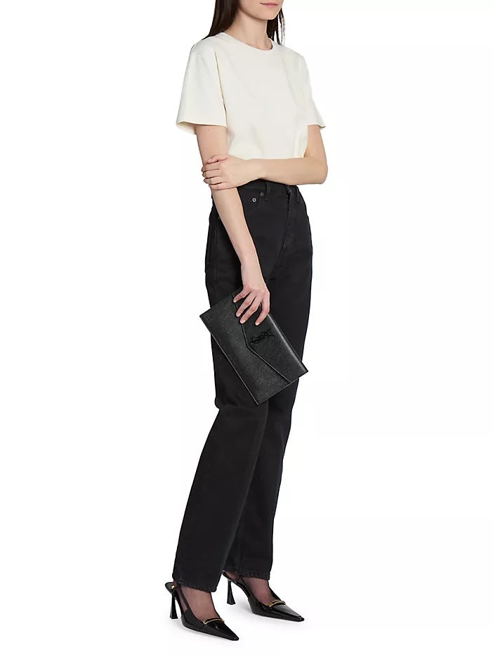 YSL GRAIN DE POUDRE EMBOSSED LEATHER UPTOWN CLUTCH BAG