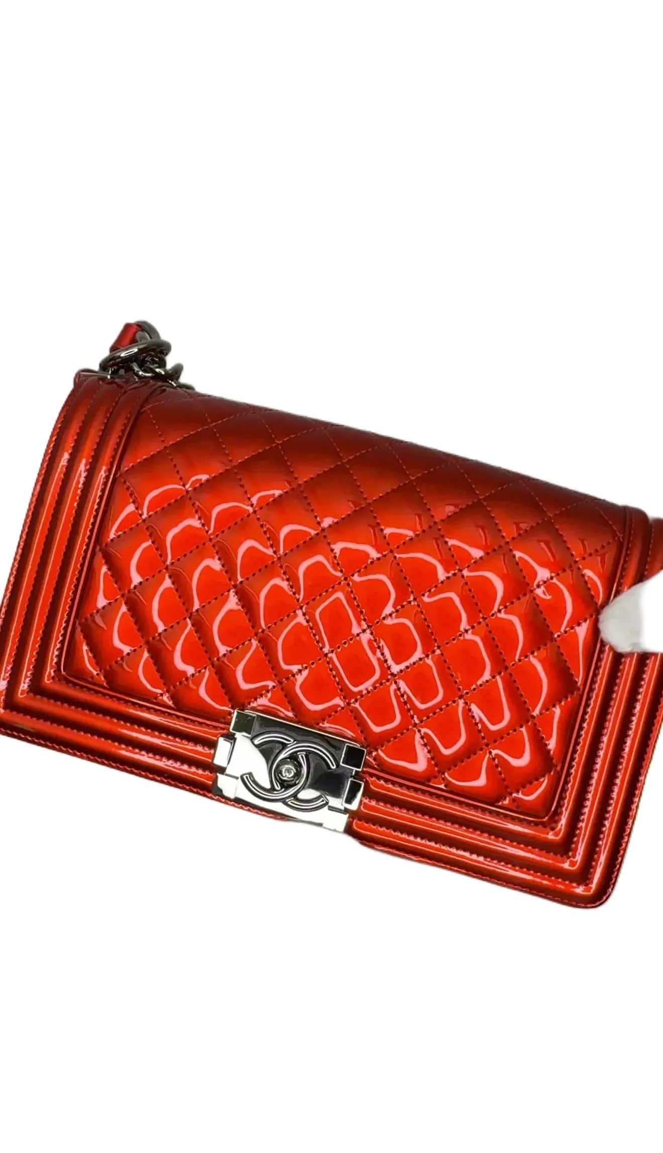 CHANEL Boy Flap Bag Quilted Patent New Medium Red B11-28