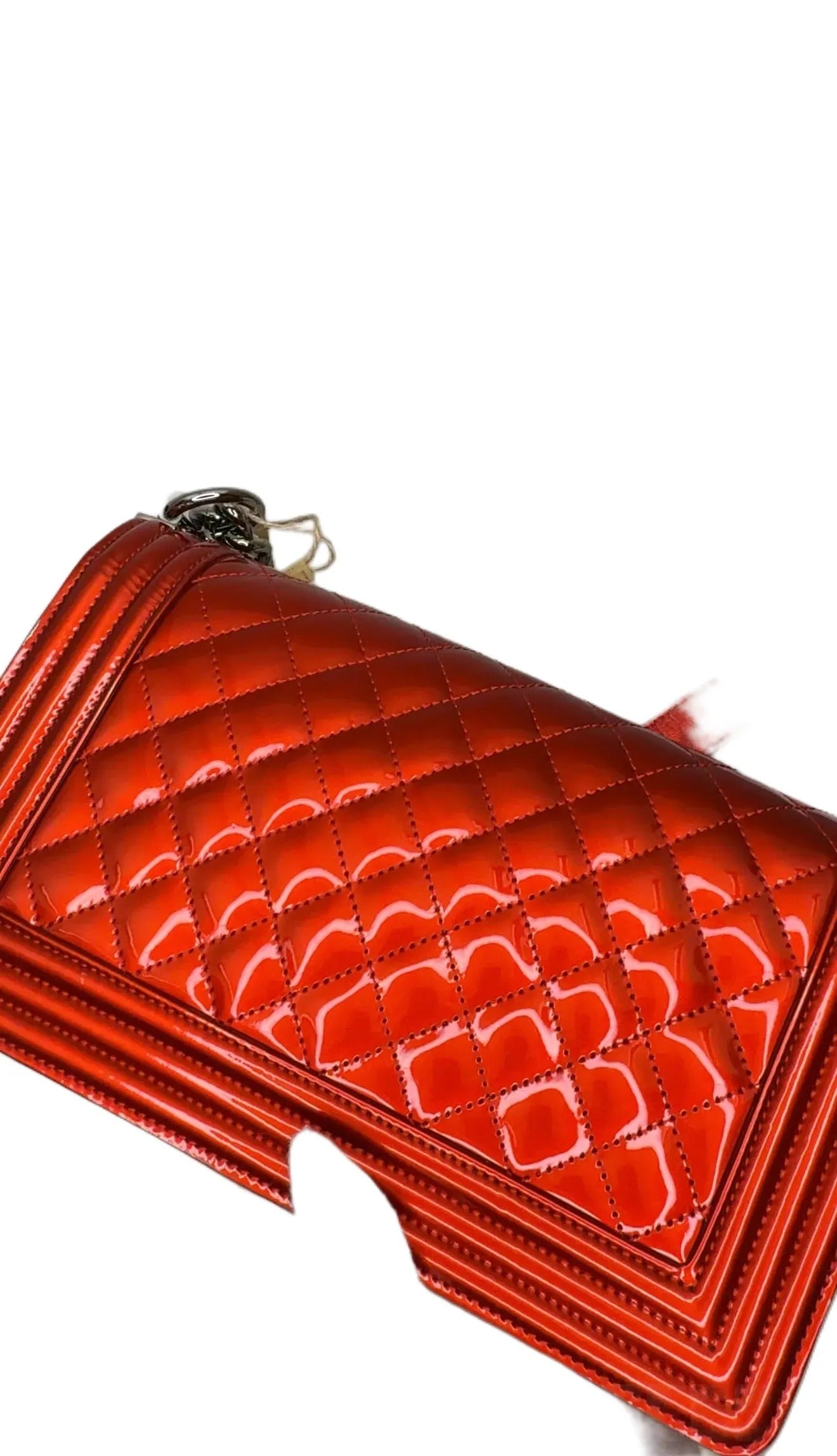 CHANEL Boy Flap Bag Quilted Patent New Medium Red B11-28