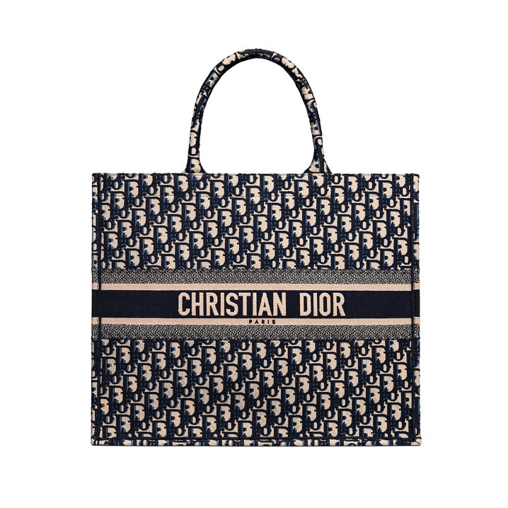 DIOR ECRU & BLUE OBLIQUE EMBROIDERY LARGE BOOK TOTE BAG