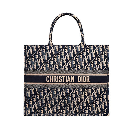DIOR ECRU & BLUE OBLIQUE EMBROIDERY LARGE BOOK TOTE BAG