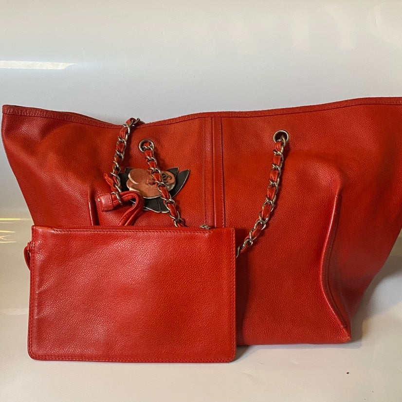 Chanel Large Red Leather Tote Bag with Chain Straps