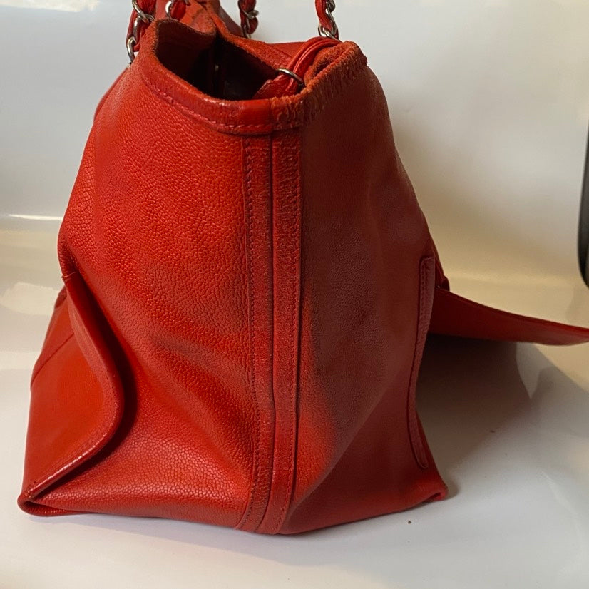 Chanel Large Red Leather Tote Bag with Chain Straps
