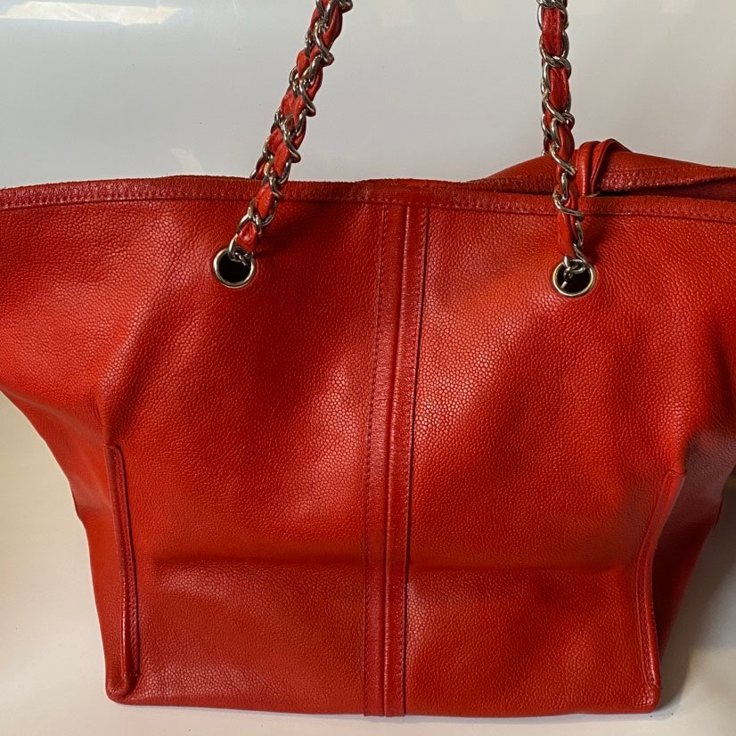 Chanel Large Red Leather Tote Bag with Chain Straps