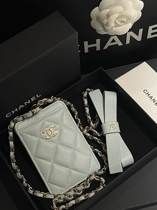 Chanel 99% New Quilted Card Holder with Chain, White Leather, 2021