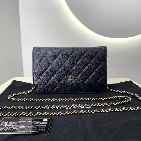 Chanel Black Quilted Leather WOC Wallet On Chain Gold Hardware Bag With Card