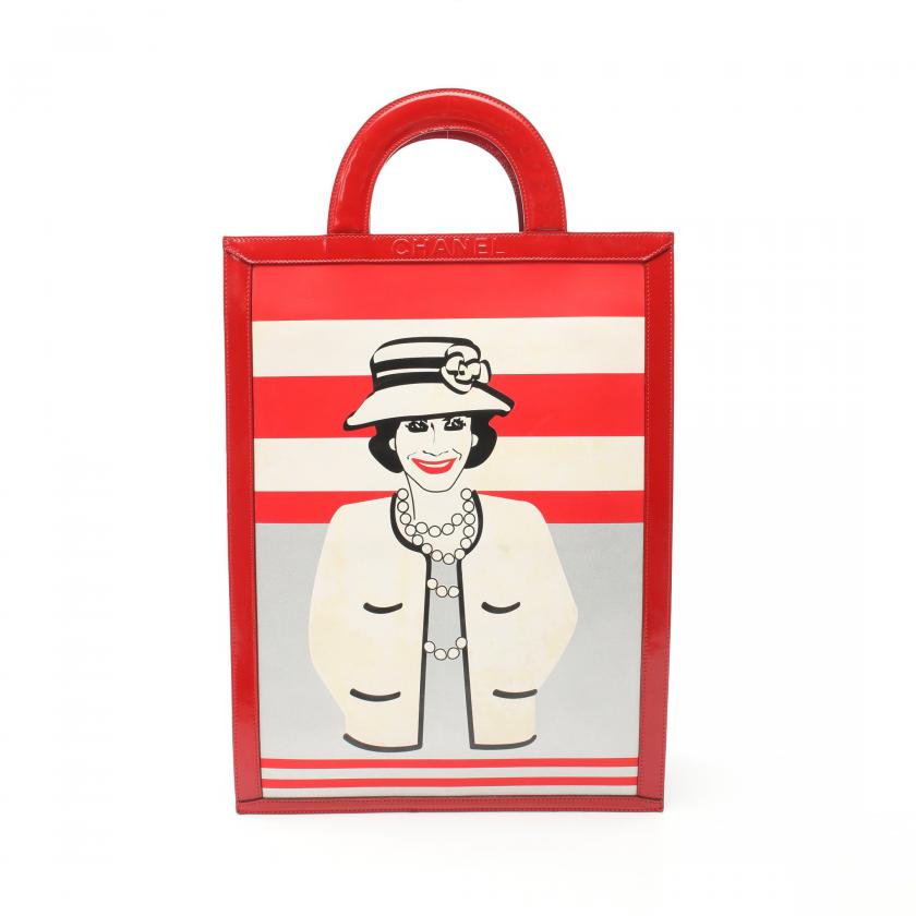 Chanel Chocolate Bar Mademoiselle Tote Bag Black Red White Patent Leather