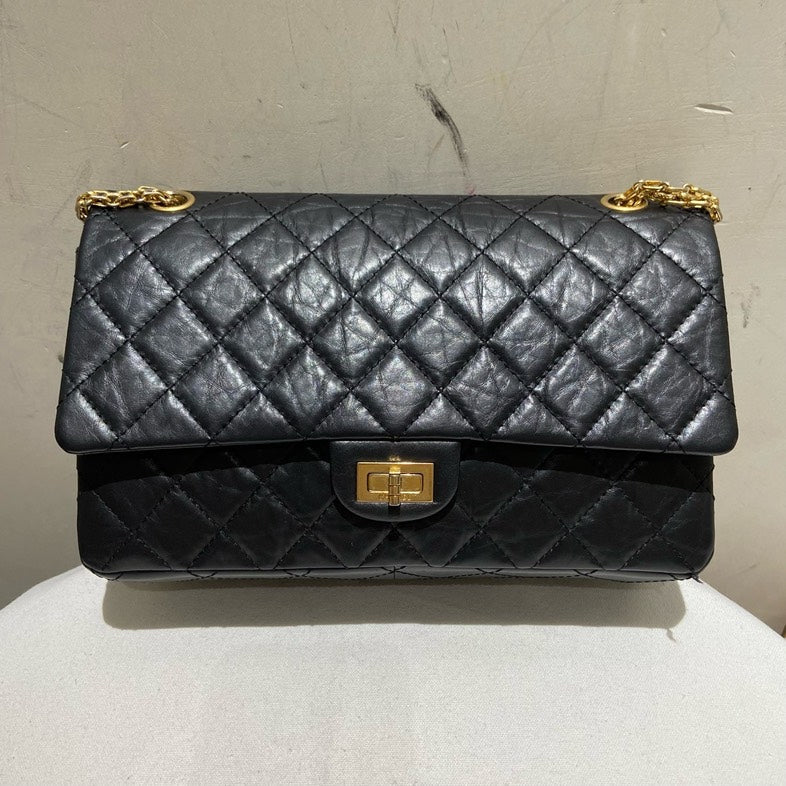 CHANEL 2.55 BLACK WRINKLE LEATHER FLAP BAG GOLD CHAIN STRAP