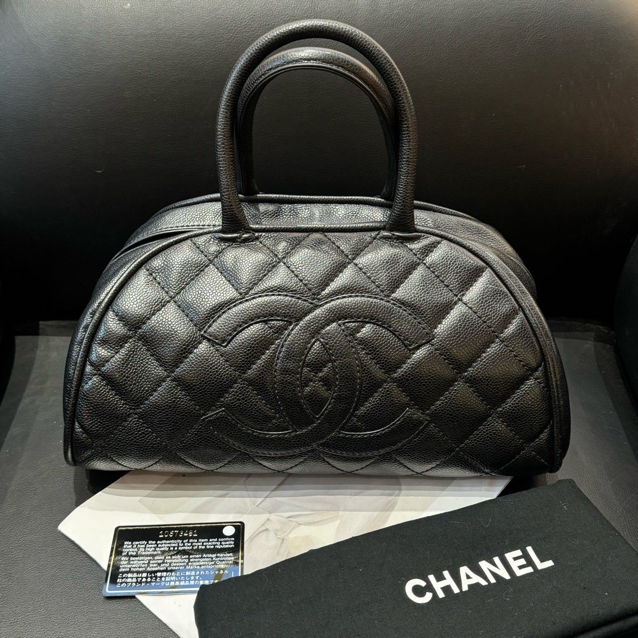 Chanel Black Quilted Caviar Bowler Bag Large