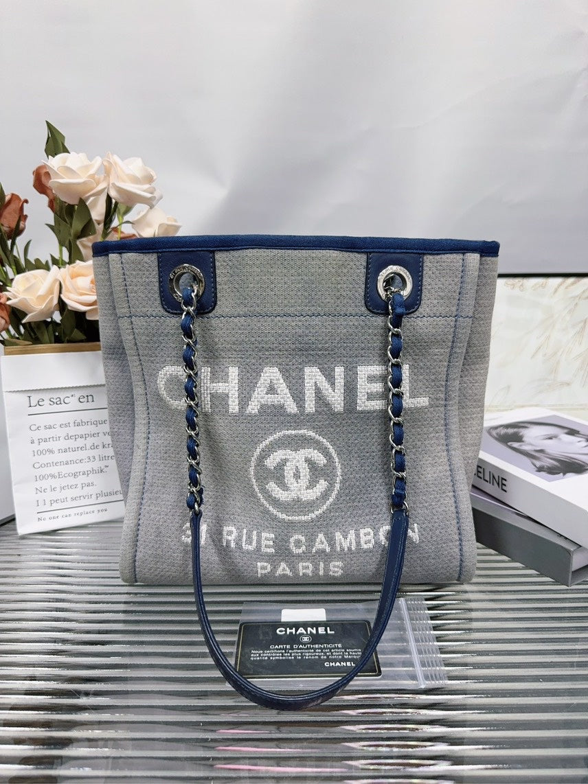 Chanel Deauville Tote Gray Canvas Shoulder Bag