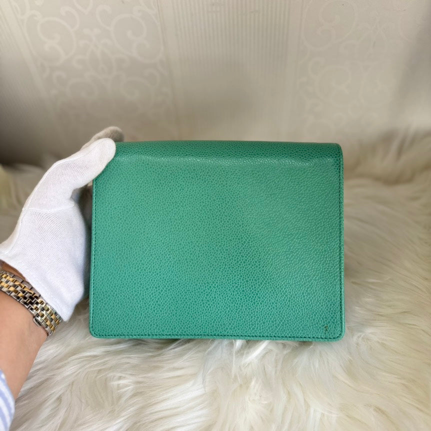 Chanel Jumbo COCO Mark Pouch Turquoise Leather Clutch